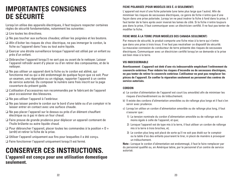 Importantes consignes de sécurité, Conserver ces instructions | George Foreman GR180V User Manual | Page 12 / 19