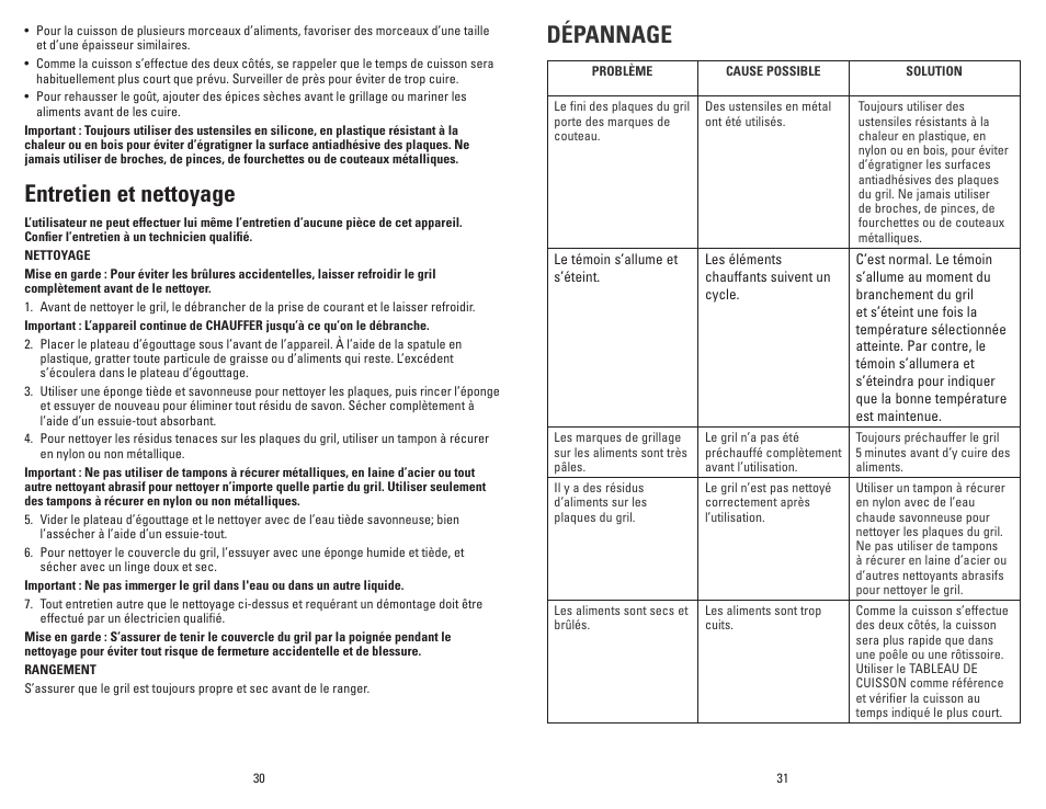 Entretien et nettoyage, Dépannage | George Foreman GR180V User Manual | Page 16 / 19