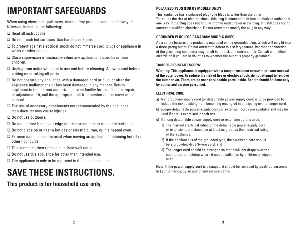 Important safeguards, Save these instructions, This product is for household use only | George Foreman GR180V User Manual | Page 2 / 19