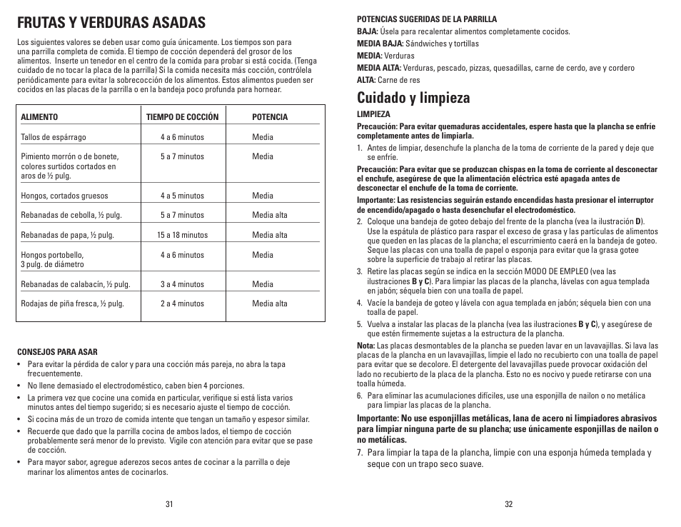 Frutas y verduras asadas, Cuidado y limpieza | George Foreman GRP106QPGW User Manual | Page 17 / 23