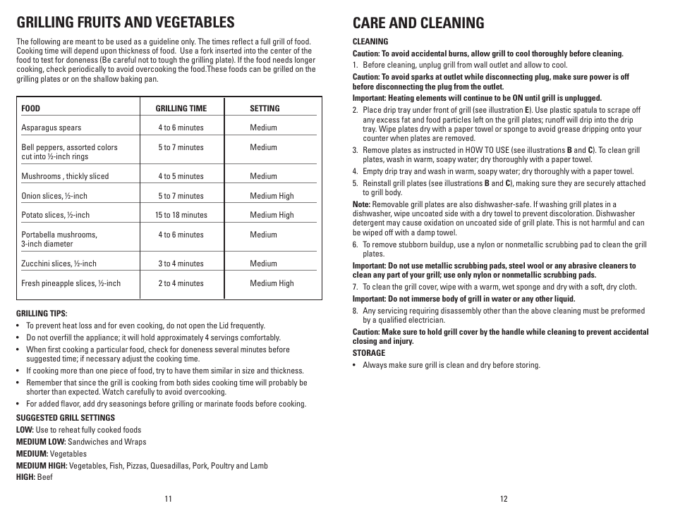 Care and cleaning, Grilling fruits and vegetables | George Foreman GRP106QPGW User Manual | Page 7 / 23