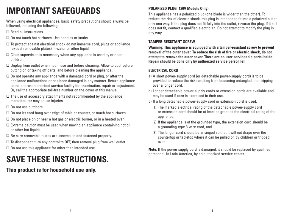 Important safeguards, Save these instructions, This product is for household use only | George Foreman GRP94WB User Manual | Page 2 / 17