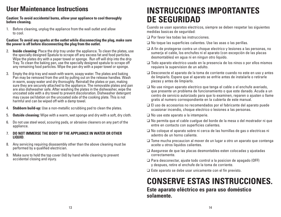 Instrucciones importantes de seguridad, Conserve estas instrucciones, User maintenance instructions | George Foreman GRP94WB User Manual | Page 8 / 17