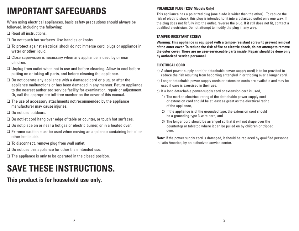Important safeguards, Save these instructions, This product is for household use only | George Foreman GR26P User Manual | Page 2 / 13