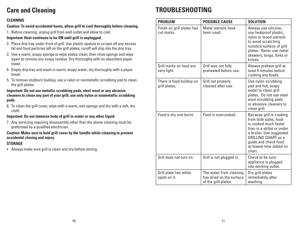 Troubleshooting, Care and cleaning | George Foreman GR26P User Manual | Page 6 / 13