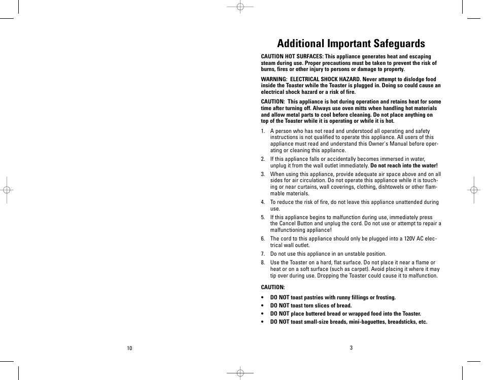 Additional important safeguards | George Foreman GFT1W User Manual | Page 10 / 12