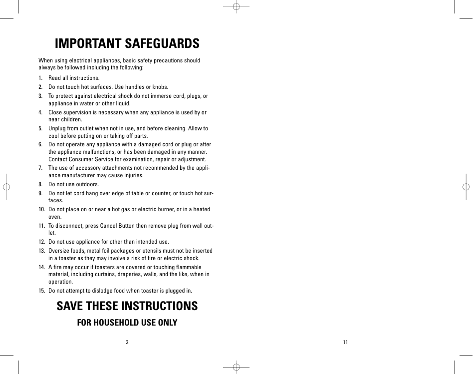 Important safeguards, Save these instructions, For household use only | George Foreman GFT1W User Manual | Page 11 / 12