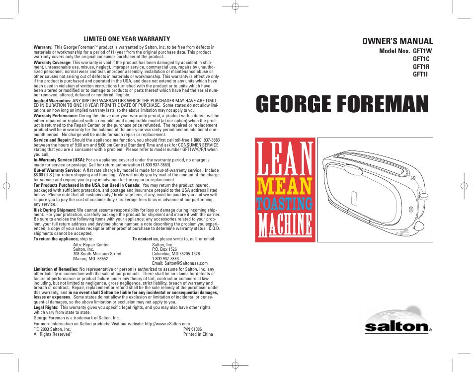 George foreman, Owner’s manual | George Foreman GFT1W User Manual | Page 12 / 12