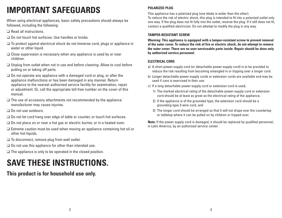 Important safeguards, Save these instructions, This product is for household use only | George Foreman Slide-Temp GR120VPQ User Manual | Page 2 / 13