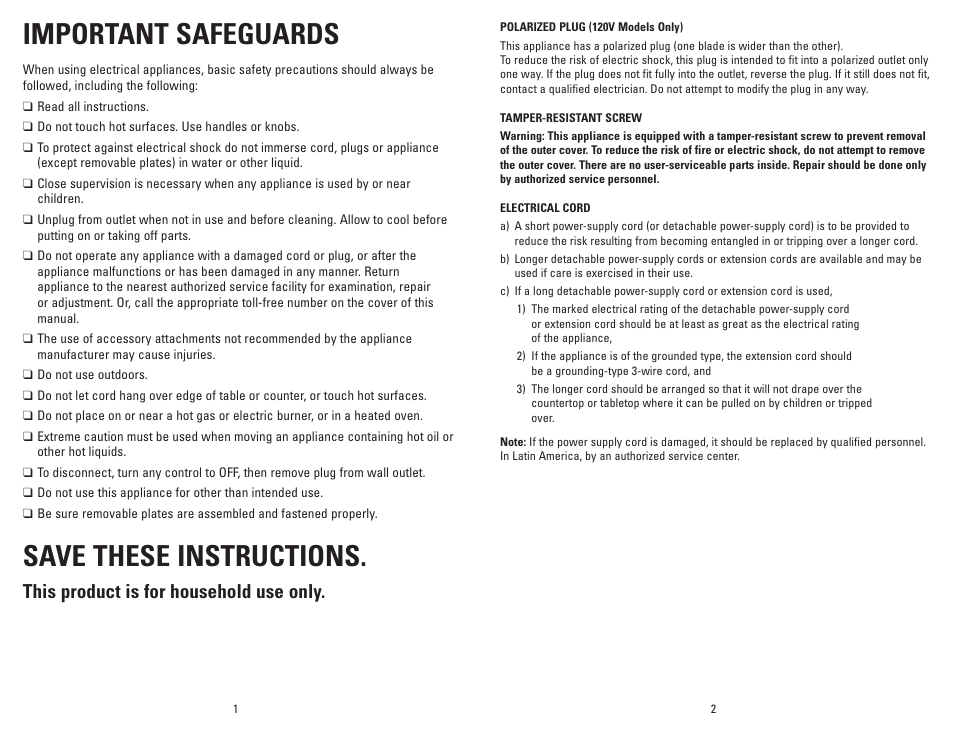 Important safeguards, Save these instructions, This product is for household use only | George Foreman GRP72CTVTB User Manual | Page 2 / 19