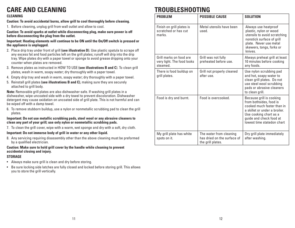 Care and cleaning, Troubleshooting | George Foreman GRP72CTVTB User Manual | Page 7 / 19