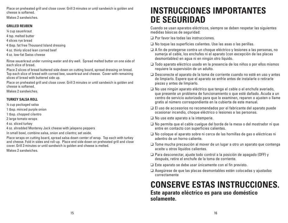 Instrucciones importantes de seguridad, Conserve estas instrucciones | George Foreman GRP72CTVTB User Manual | Page 9 / 19