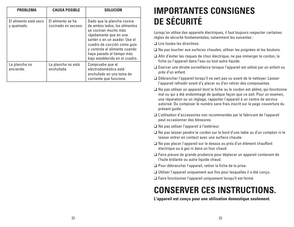 Importantes consignes de sécurité, Conserver ces instructions | George Foreman Grand Champ GR36PCAN User Manual | Page 12 / 19