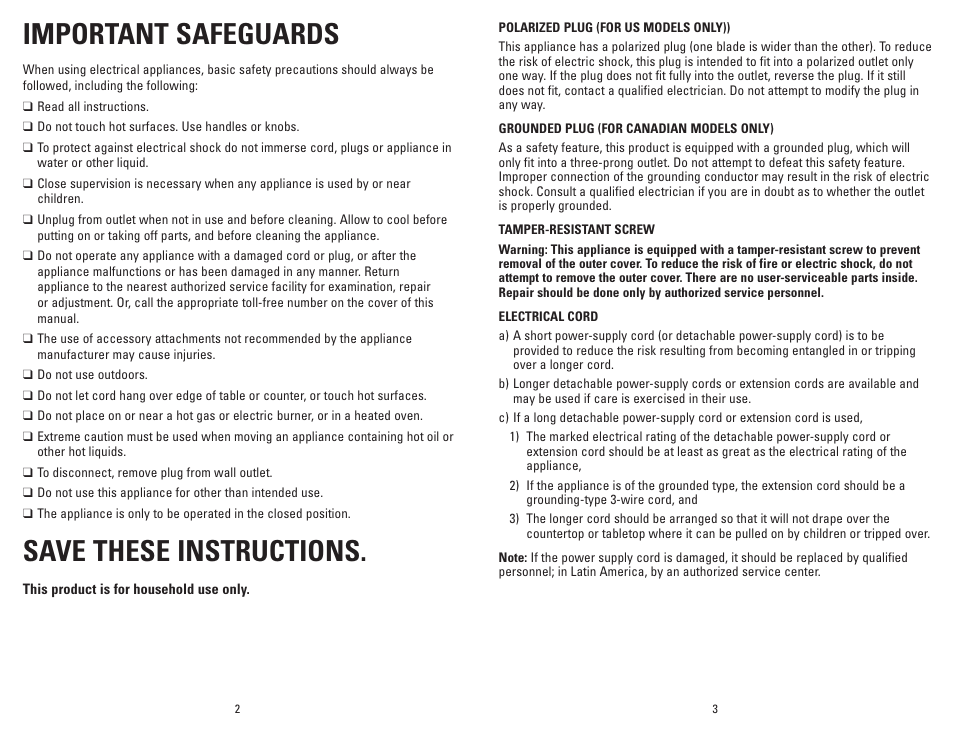 Important safeguards, Save these instructions | George Foreman Grand Champ GR36PCAN User Manual | Page 2 / 19