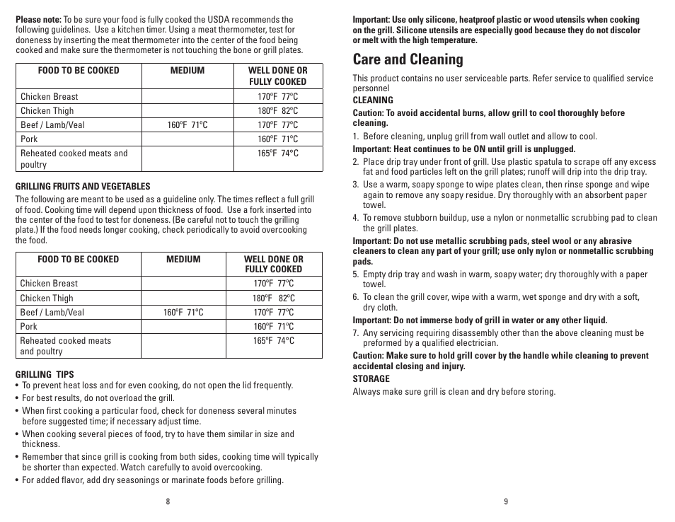 Care and cleaning | George Foreman Grand Champ GR36PCAN User Manual | Page 5 / 19