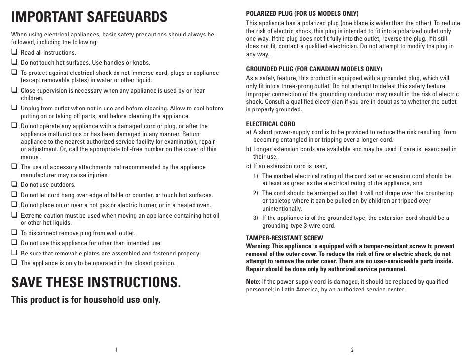 Important safeguards, Save these instructions, This product is for household use only | George Foreman GRP106BPG User Manual | Page 2 / 33