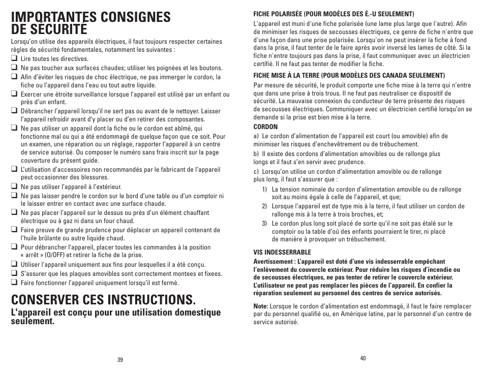 Importantes consignes de sécurité, Conserver ces instructions | George Foreman GRP106BPG User Manual | Page 21 / 33