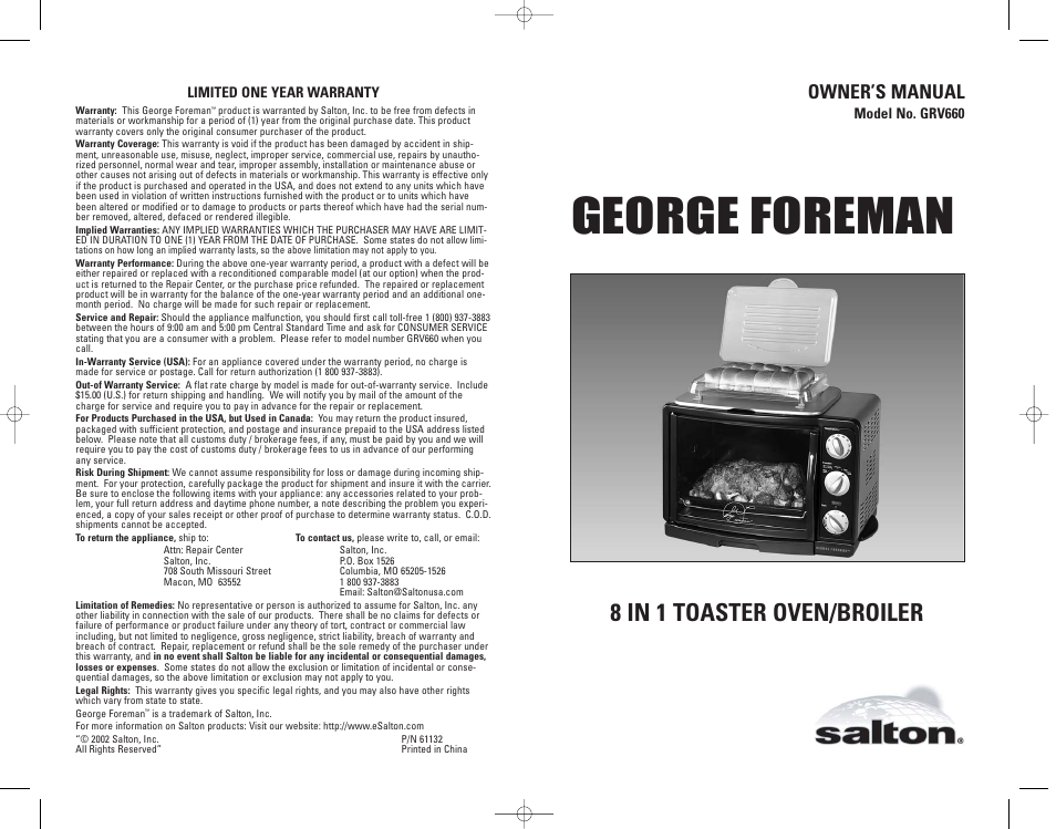 George foreman, 8 in 1 toaster oven/broiler, Owner’s manual | George Foreman GRV660 User Manual | Page 24 / 24