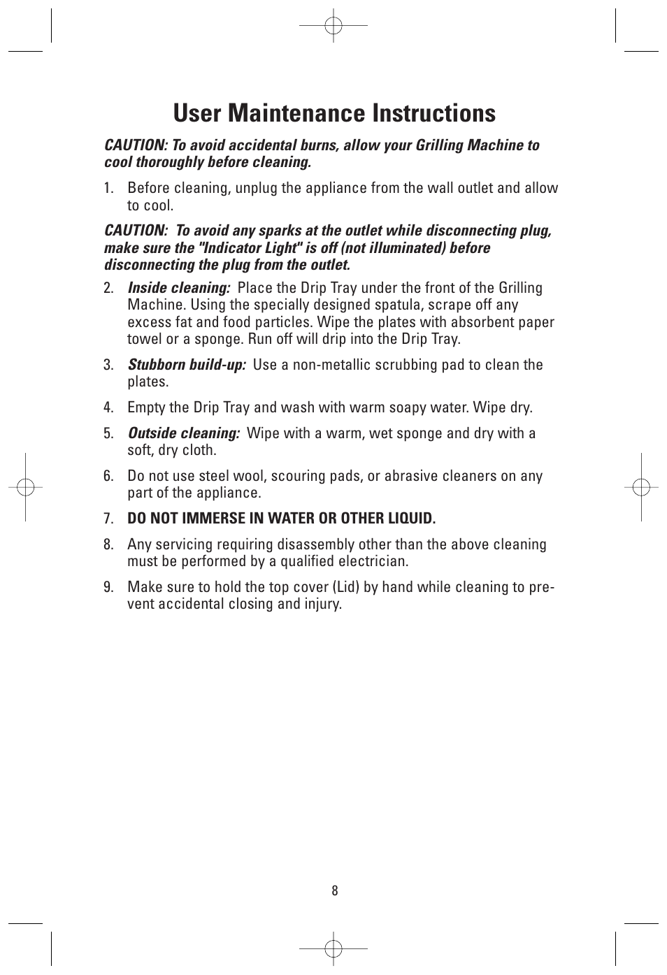 User maintenance instructions | George Foreman GRV160S User Manual | Page 8 / 16