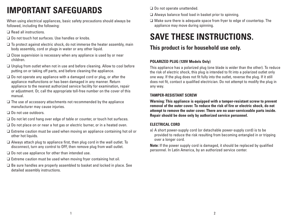 Important safeguards, Save these instructions, This product is for household use only | George Foreman GSF026BQVC User Manual | Page 2 / 23