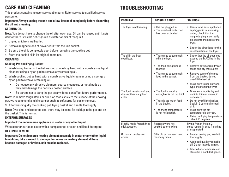 Care and cleaning, Troubleshooting | George Foreman GSF026BQVC User Manual | Page 7 / 23