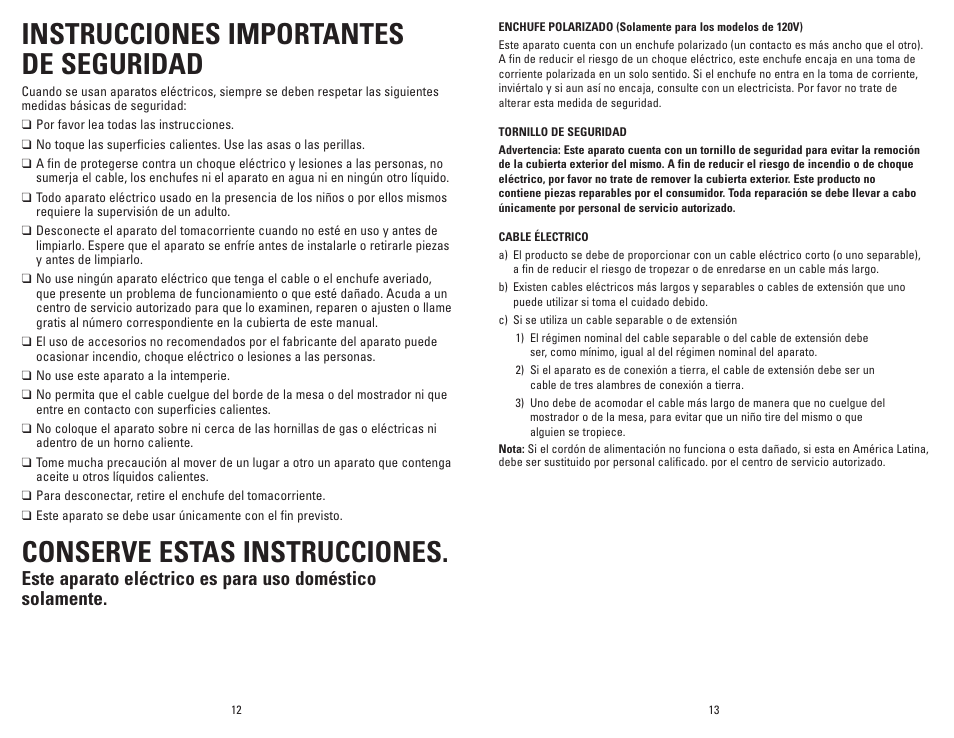 Instrucciones importantes de seguridad, Conserve estas instrucciones | George Foreman GF64G User Manual | Page 7 / 15