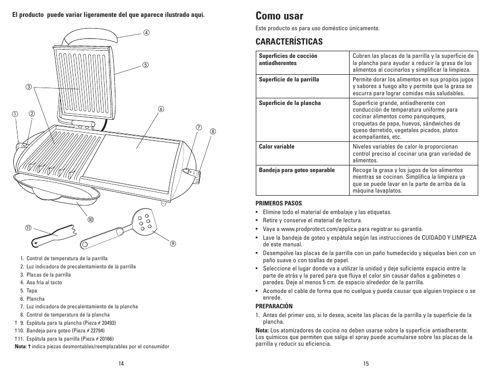 Como usar, Características | George Foreman GF64G User Manual | Page 8 / 15