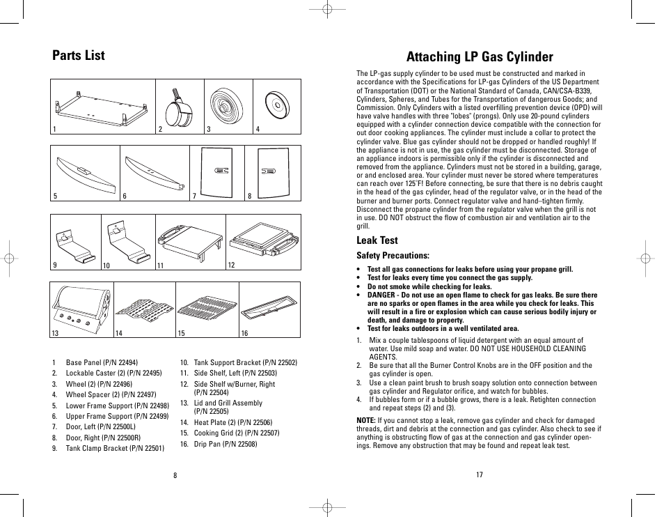 Attaching lp gas cylinder, Parts list, Leak test | George Foreman GBQ440 User Manual | Page 17 / 24