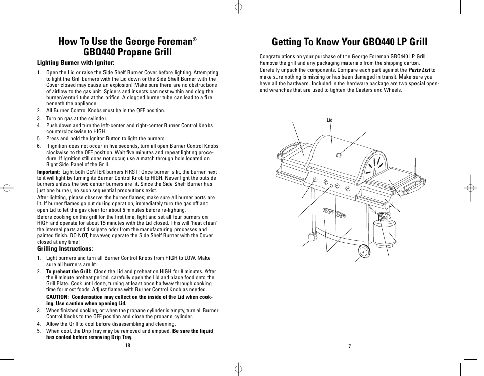 Getting to know your gbq440 lp grill, How to use the george foreman, Gbq440 propane grill | George Foreman GBQ440 User Manual | Page 18 / 24