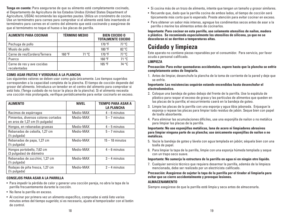 Cuidado y limpieza | George Foreman Slide-Temp GR120VRQ User Manual | Page 10 / 13