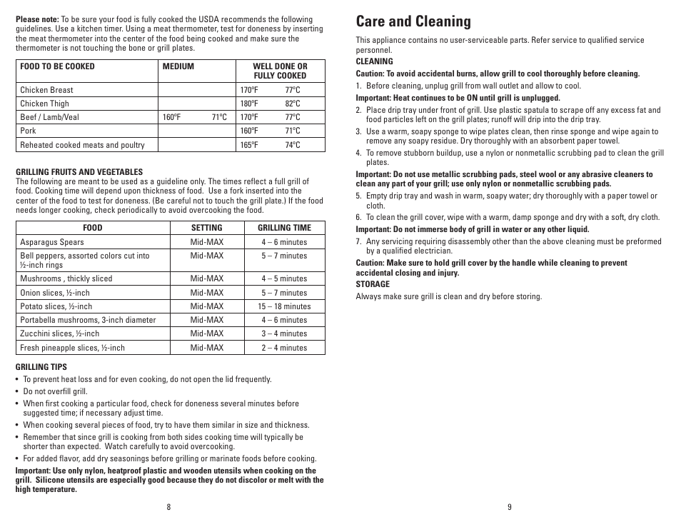 Care and cleaning | George Foreman Slide-Temp GR120VRQ User Manual | Page 5 / 13