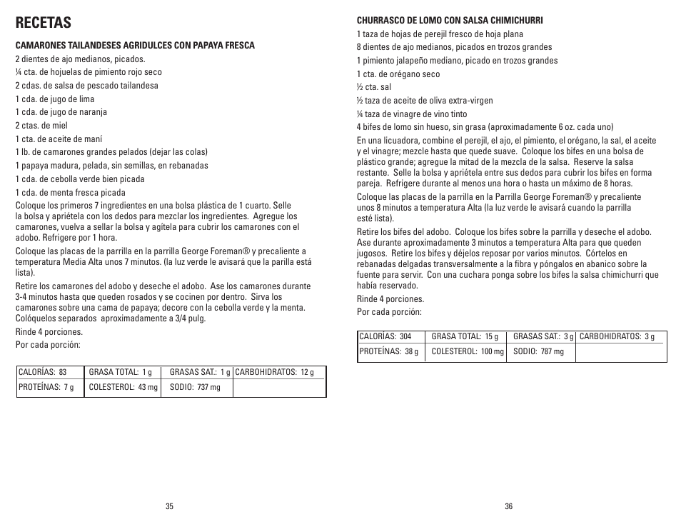 Recetas | George Foreman GRP106QPGBLQ User Manual | Page 19 / 23