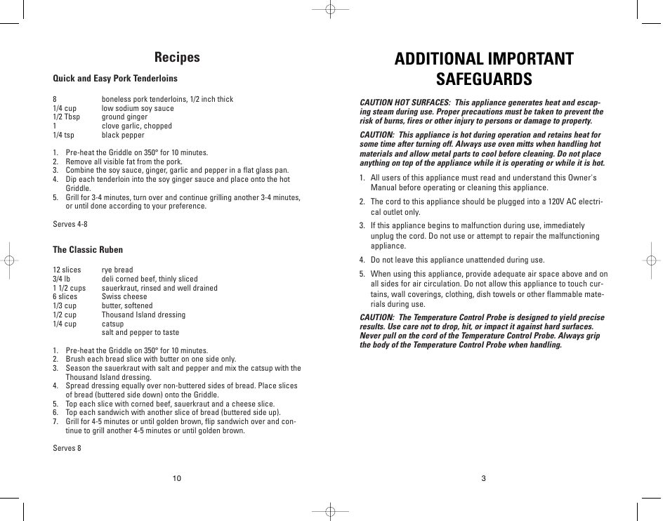 Additional important safeguards, Recipes | George Foreman GFG21 User Manual | Page 10 / 12