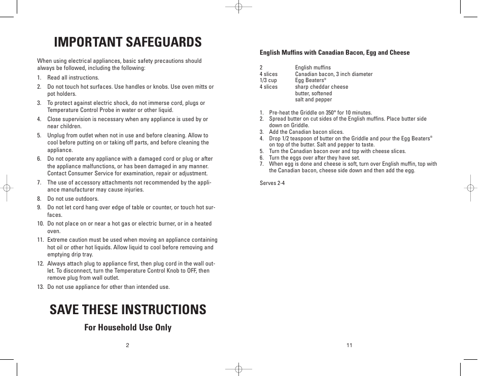 Important safeguards, Save these instructions, For household use only | George Foreman GFG21 User Manual | Page 11 / 12