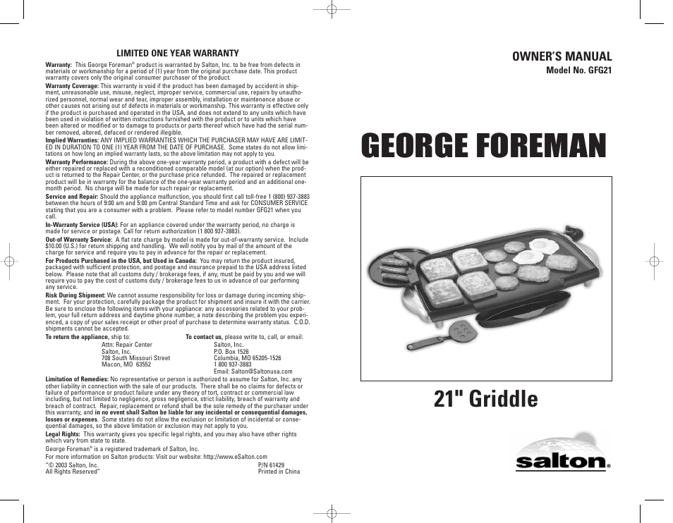 George foreman, 21" griddle, Owner’s manual | George Foreman GFG21 User Manual | Page 12 / 12