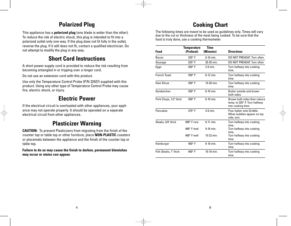 Polarized plug, Short cord instructions, Electric power | Plasticizer warning, Cooking chart | George Foreman GFG21 User Manual | Page 4 / 12