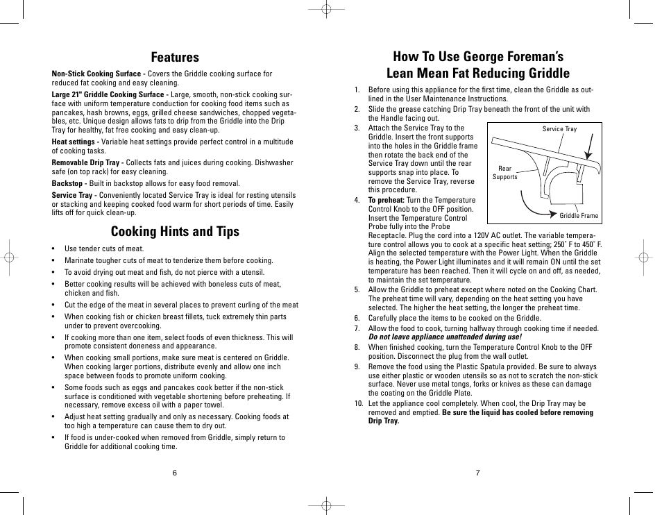 Features, Cooking hints and tips | George Foreman GFG21 User Manual | Page 6 / 12