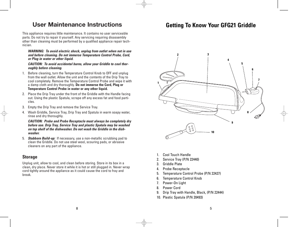 Getting to know your gfg21 griddle, User maintenance instructions, Storage | George Foreman GFG21 User Manual | Page 8 / 12