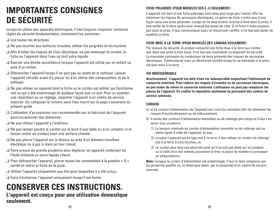 Importantes consignes de sécurité, Conserver ces instructions | George Foreman GR236CTDP User Manual | Page 16 / 25