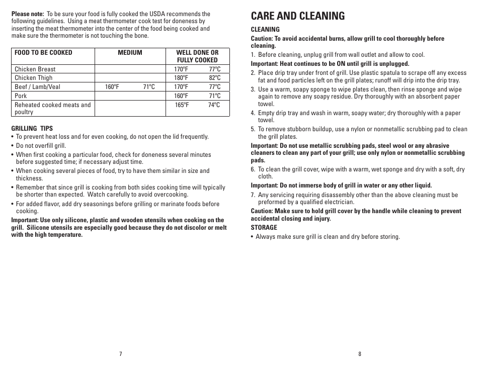 Care and cleaning | George Foreman GRP46R User Manual | Page 5 / 13