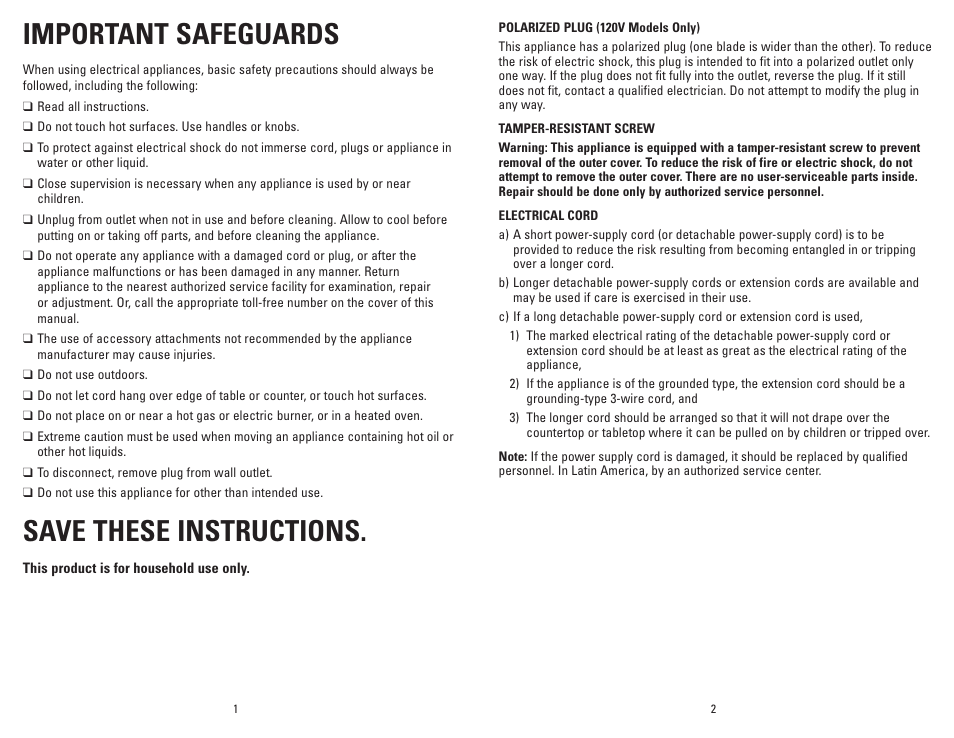 Important safeguards, Save these instructions | George Foreman GR30 User Manual | Page 2 / 13
