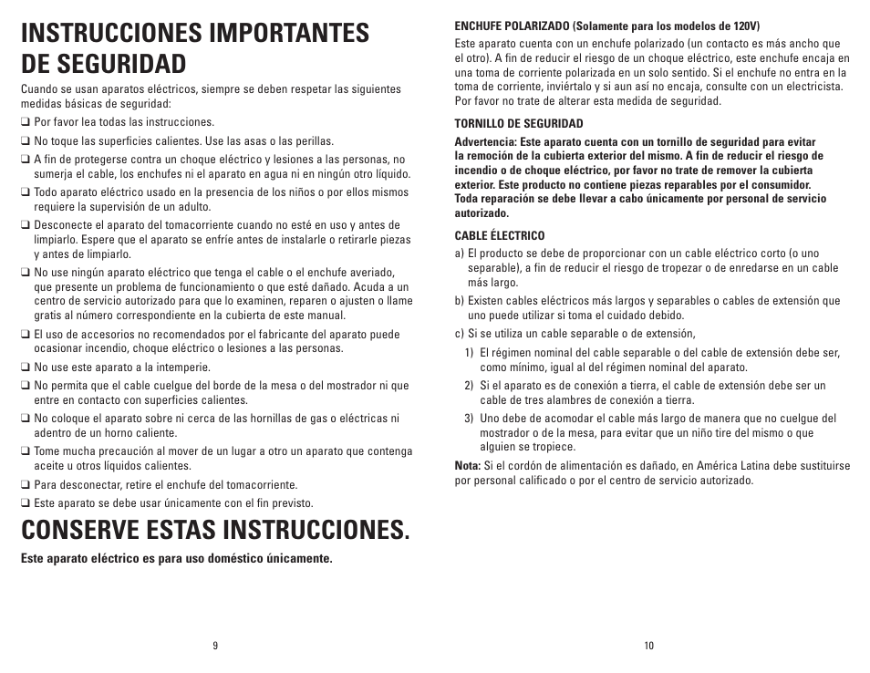 Instrucciones importantes de seguridad, Conserve estas instrucciones | George Foreman GR30 User Manual | Page 6 / 13