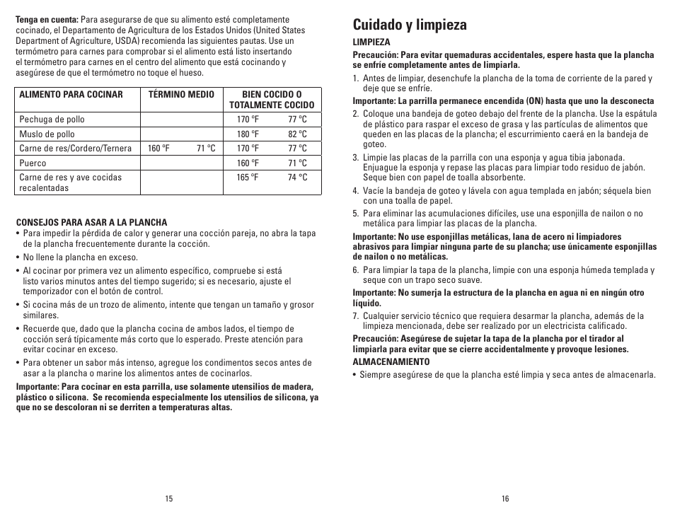 Cuidado y limpieza | George Foreman GR30 User Manual | Page 9 / 13