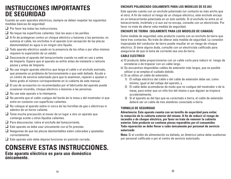 Conserve estas instrucciones, Instrucciones importantes de seguridad | George Foreman GRP106BPP User Manual | Page 11 / 33