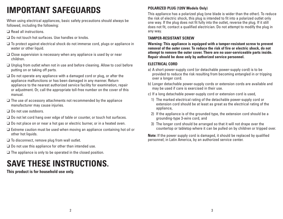 Important safeguards, Save these instructions | George Foreman GR0036W User Manual | Page 2 / 15