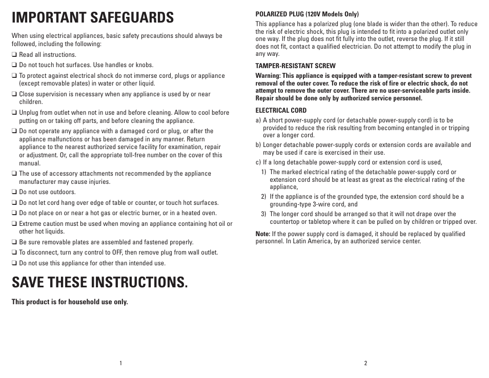 Important safeguards, Save these instructions | George Foreman GRP99SB User Manual | Page 2 / 13