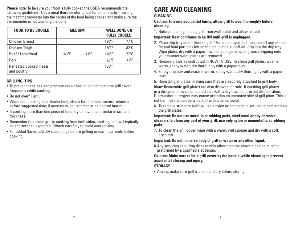 Care and cleaning | George Foreman GRP99SB User Manual | Page 5 / 13