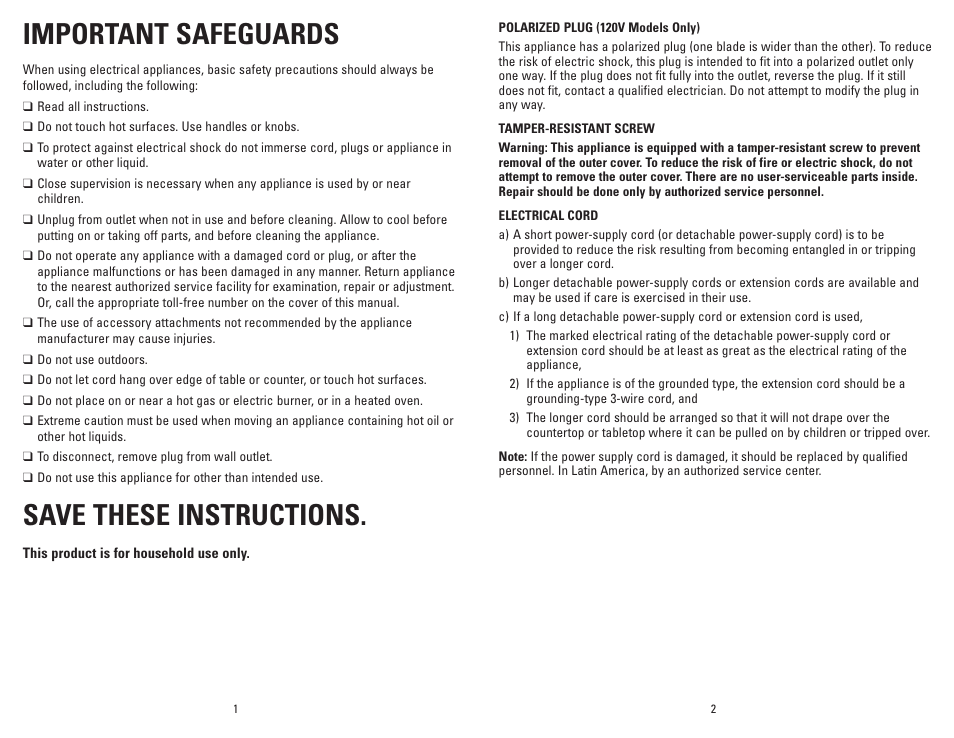 Important safeguards, Save these instructions | George Foreman GR1212PQ User Manual | Page 2 / 13