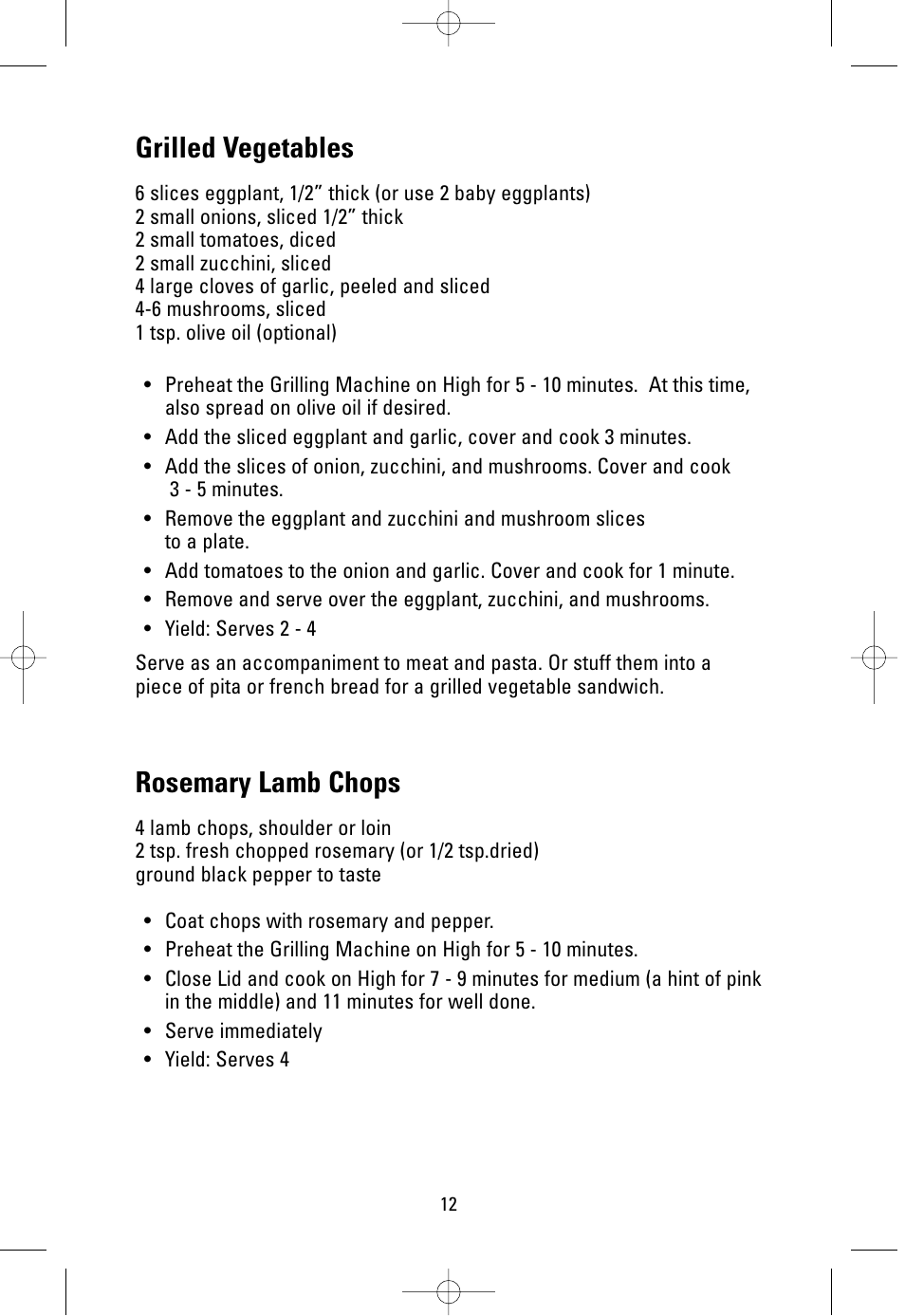 Grilled vegetables, Rosemary lamb chops | George Foreman GR38SIL User Manual | Page 12 / 16