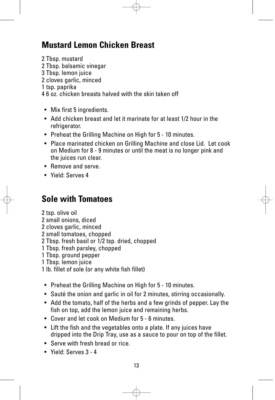 Mustard lemon chicken breast, Sole with tomatoes | George Foreman GR38SIL User Manual | Page 13 / 16